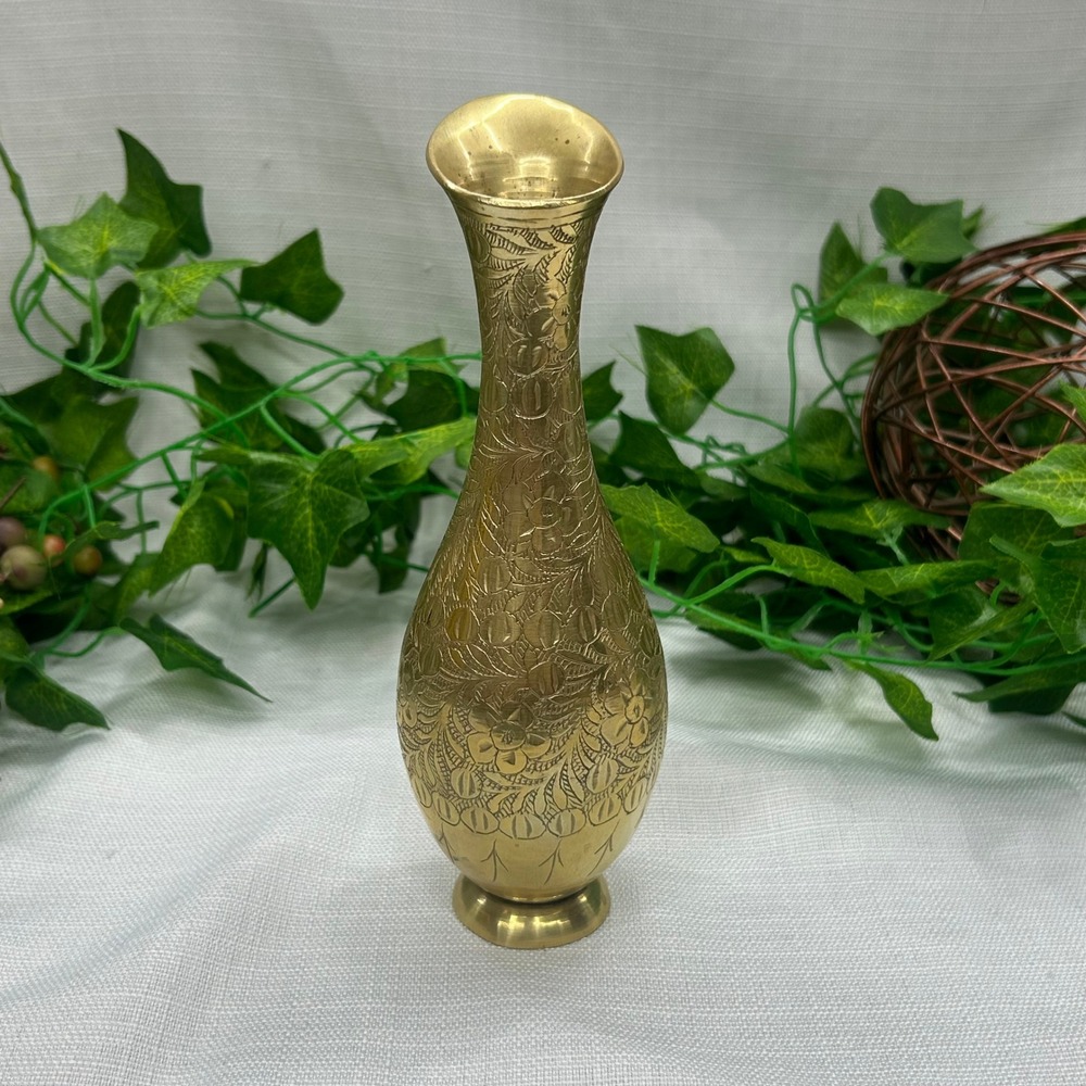 Vintage Brass Bud Vase 7.5" Hand Etched Floral Flare Rim Boho Mid Century Modern